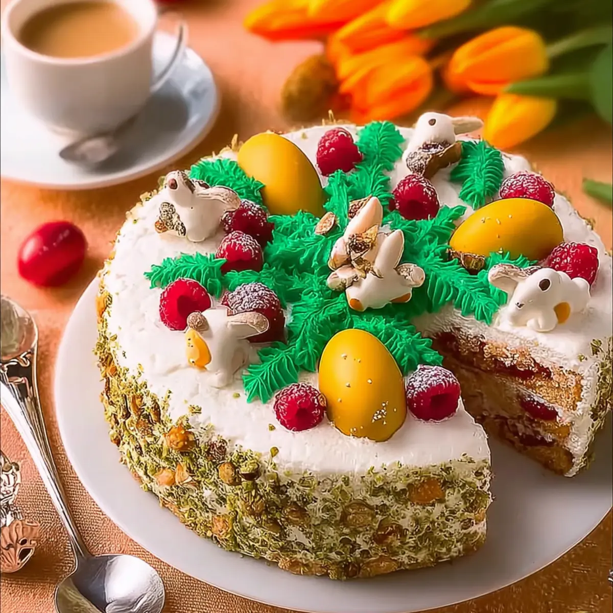 Bunte Ostertorte mit Himbeerfüllung