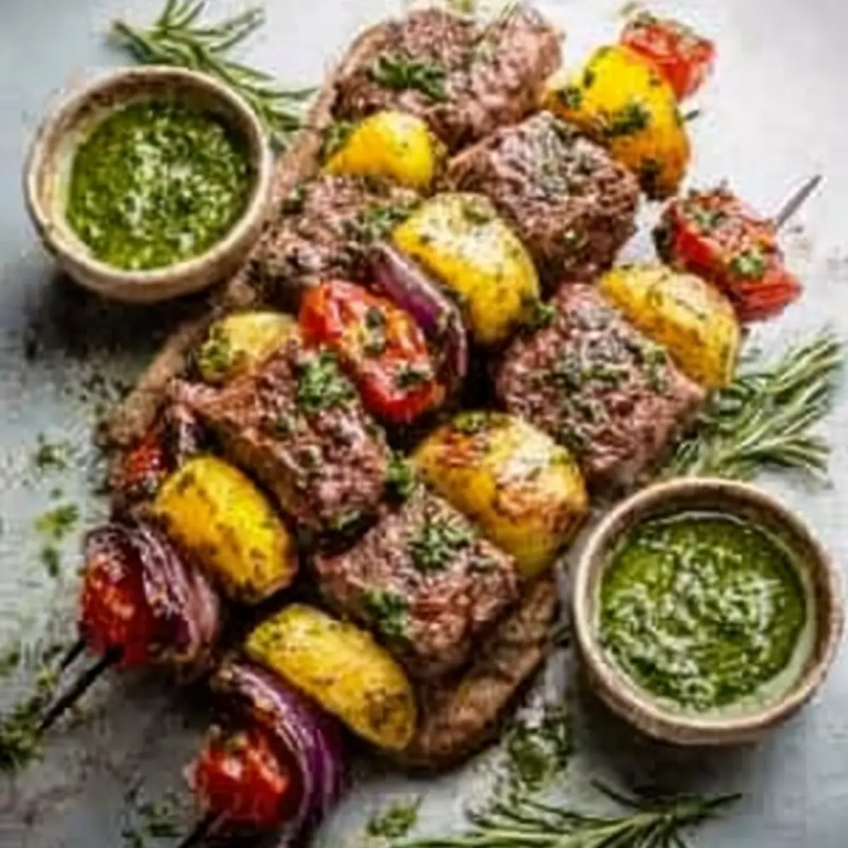 Filet und Kartoffelspieße mit Rosmarin Chimichurri