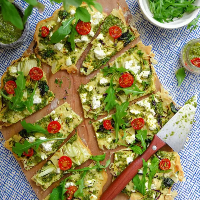 Flammkuchen mit Bärlauchpesto und Feta