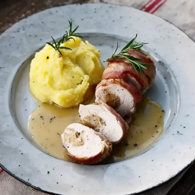 Hähnchenbrust im Speckmantel mit Kartoffelstampf und Zitronen Pfeffer Sauce