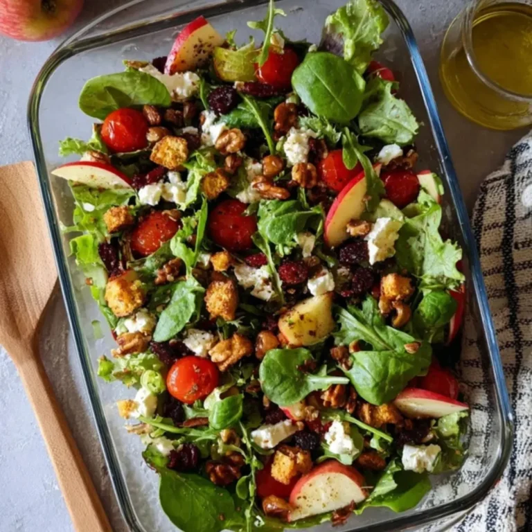 Salat mit Knoblauchdressing, Feta, Nüssen und Äpfeln