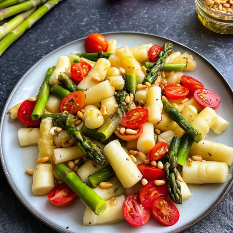 Spargelsalat mit grünem und weißem Spargel, Tomaten und Pinienkerne