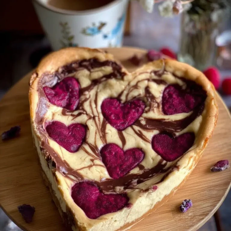 Veganer Käsekuchen mit Nutella Swirl und Himbeer Herzen