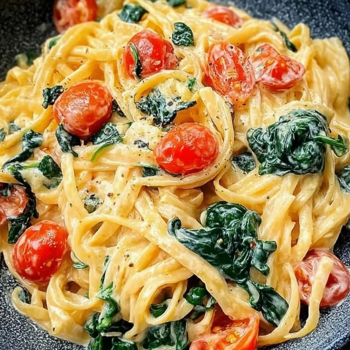 Cremige Nudeln mit Tomaten und Spinat