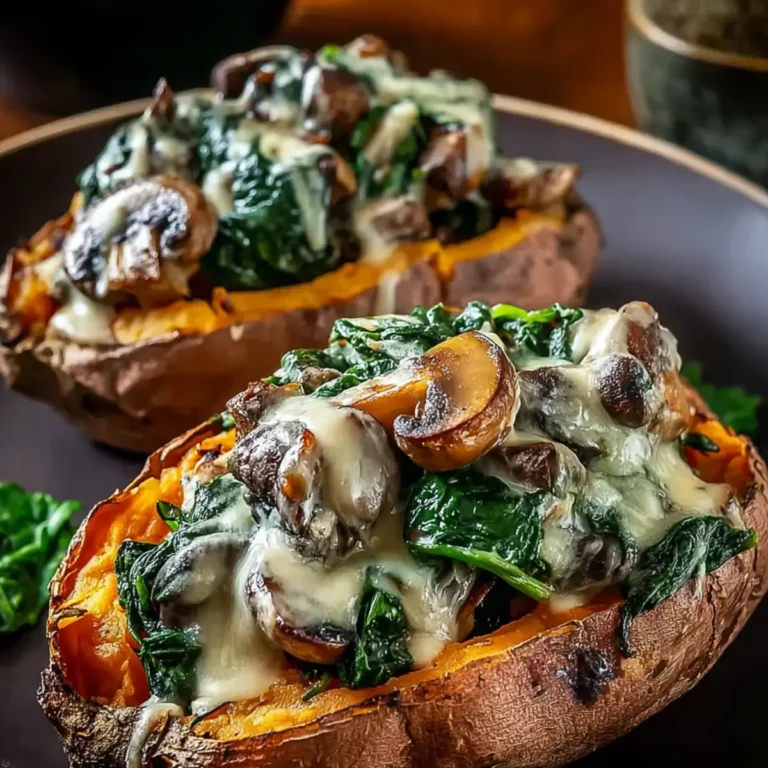 Gefüllte Süßkartoffeln mit Champignons und Spinat