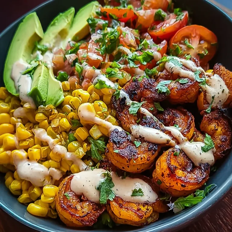 Gegrillte Garnelen Bowl mit Avocado Mais Salsa & Cremiger Sauce