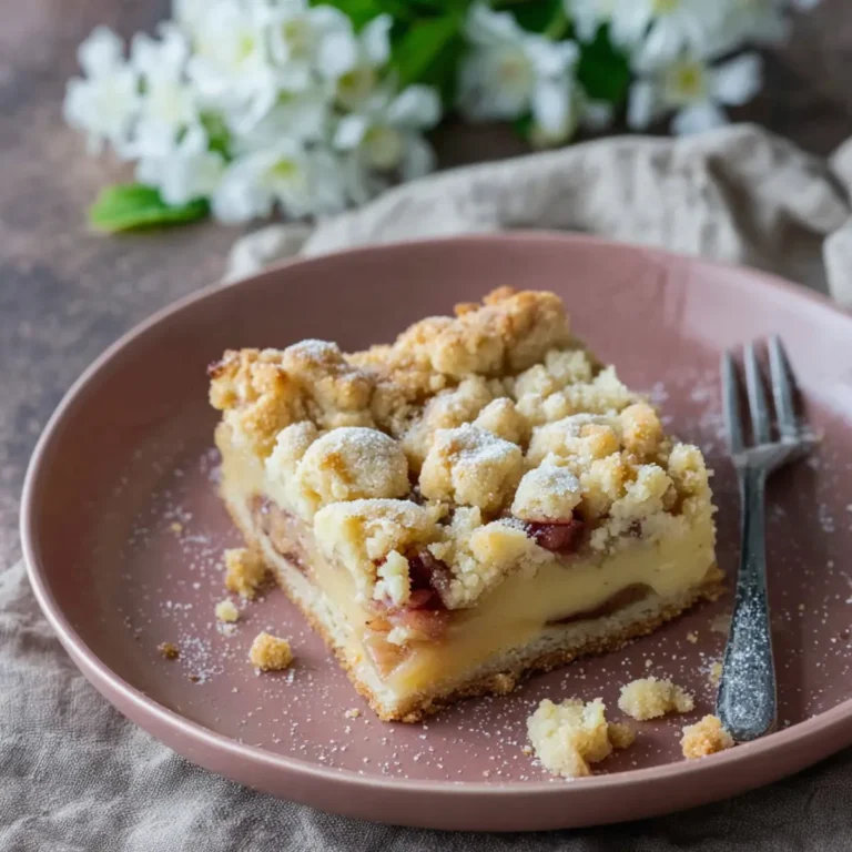 Rhabarberkuchen vom Blech mit Pudding und knusprigen Streusel
