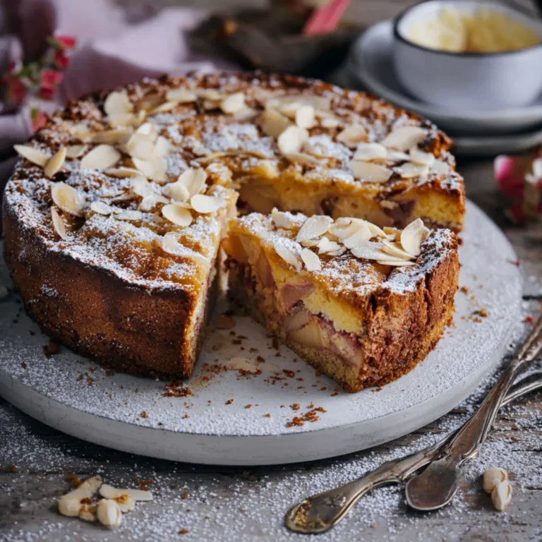 Rührkuchen mit Rhabarber und Mandel Schmand Guss