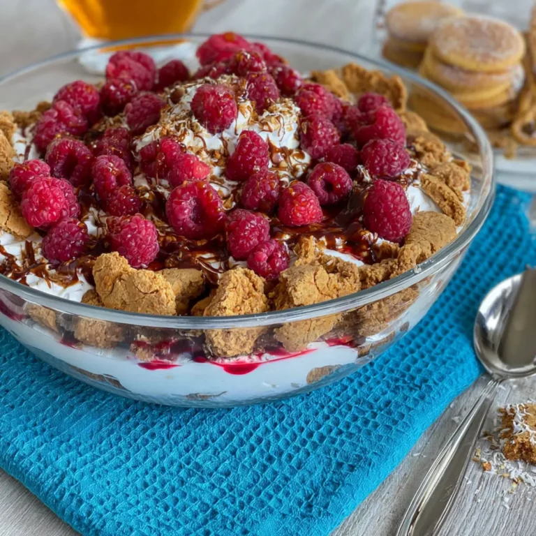 Dessert mit Himbeeren und Keksen