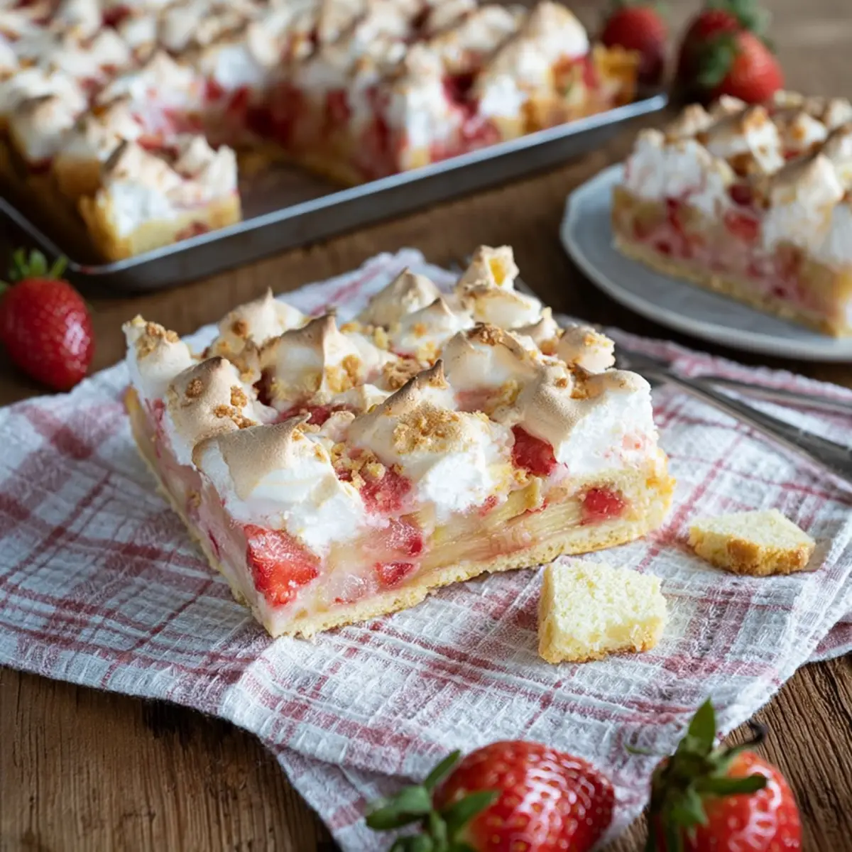 Erdbeer Rhabarberkuchen mit Mandel Baiser vom Blech