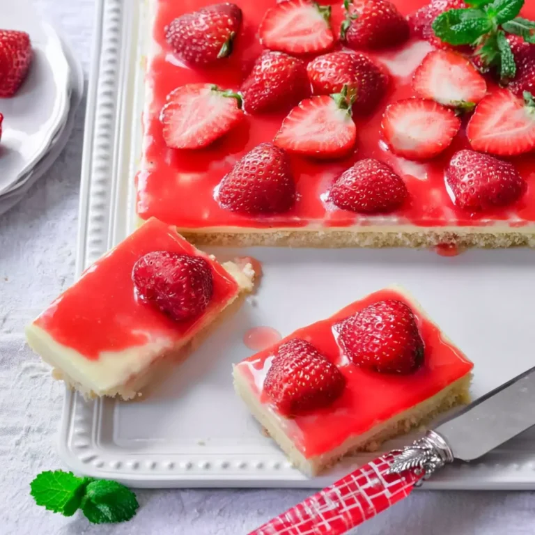 Erdbeerkuchen vom Blech mit Schmand & Pudding