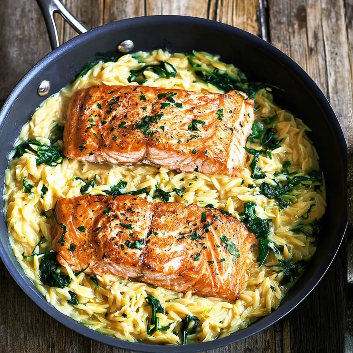 Lachs mit Zitronen Orzo aus einer Pfanne