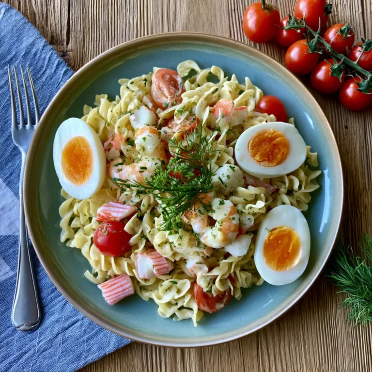 Nudelsalat mit Surimi und hartgekochten Eiern