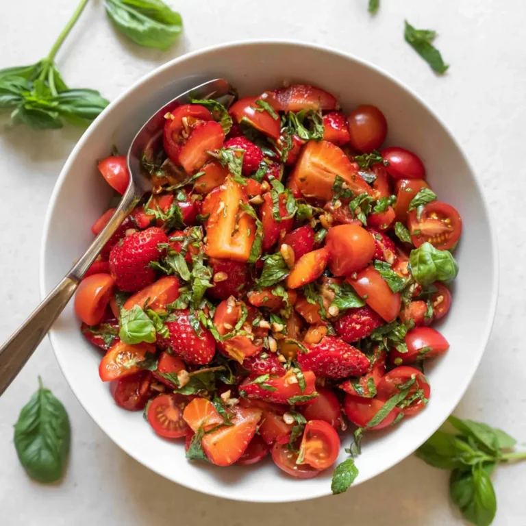 Salat mit Erdbeeren, Tomaten, Minze und Basilikum