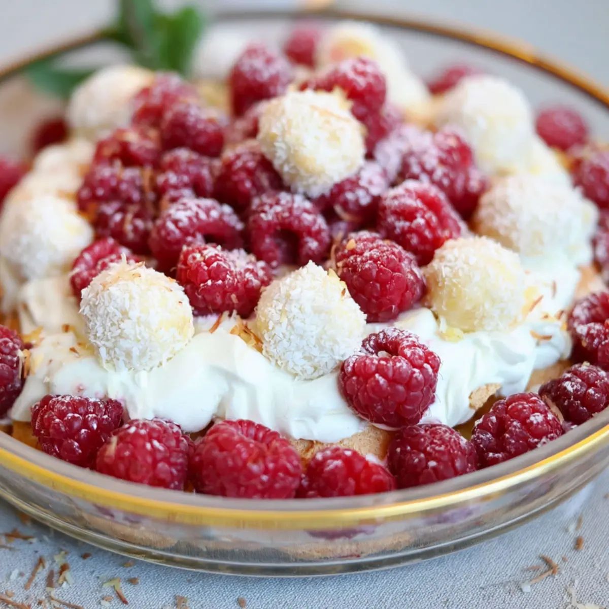 Windbeutel Dessert mit Raffaello, Himbeeren und Quarkcreme