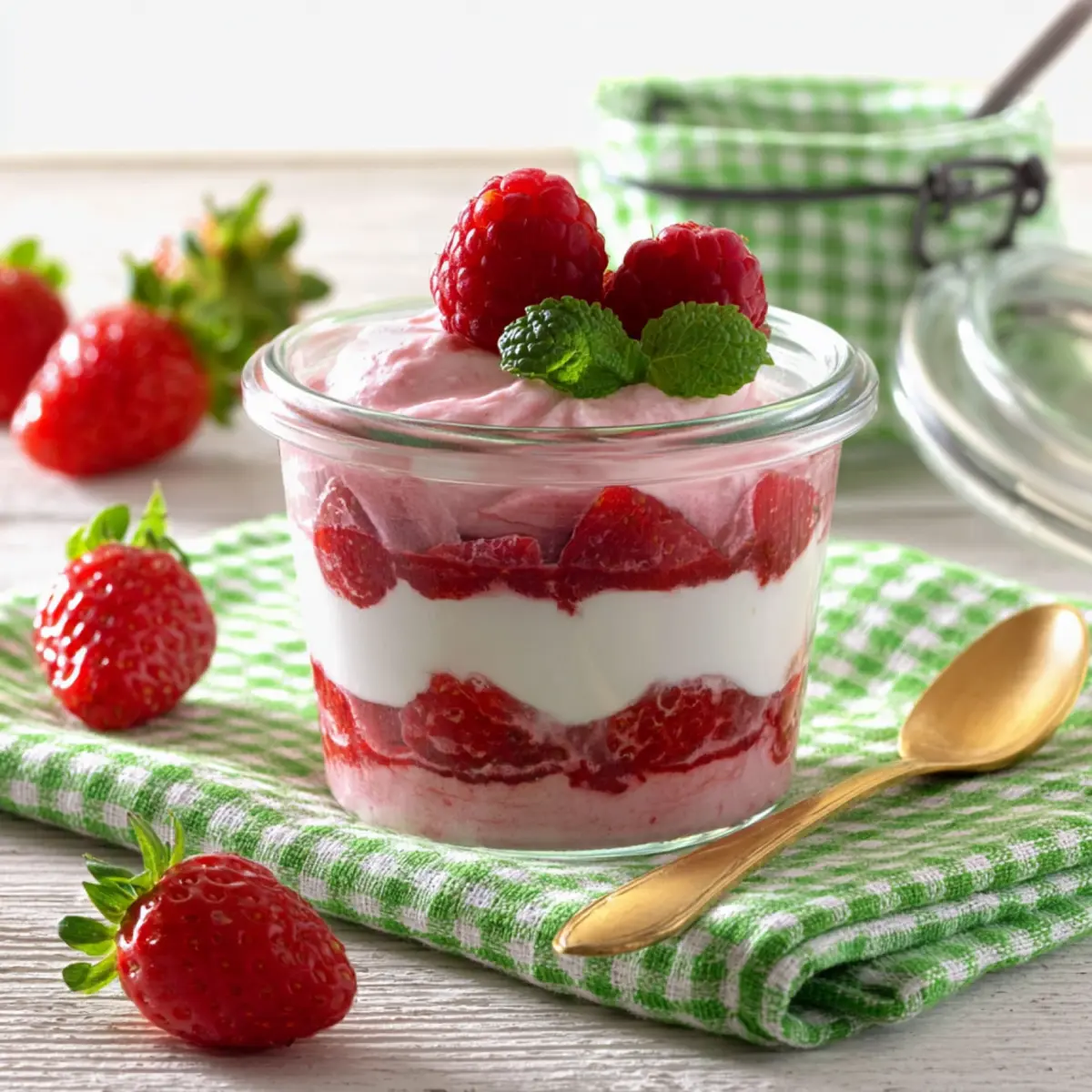 Erdbeerdessert mit Quark im Glas