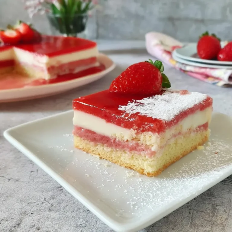 Erdbeerkuchen mit Pudding und Erdbeerspiegel vom Blech
