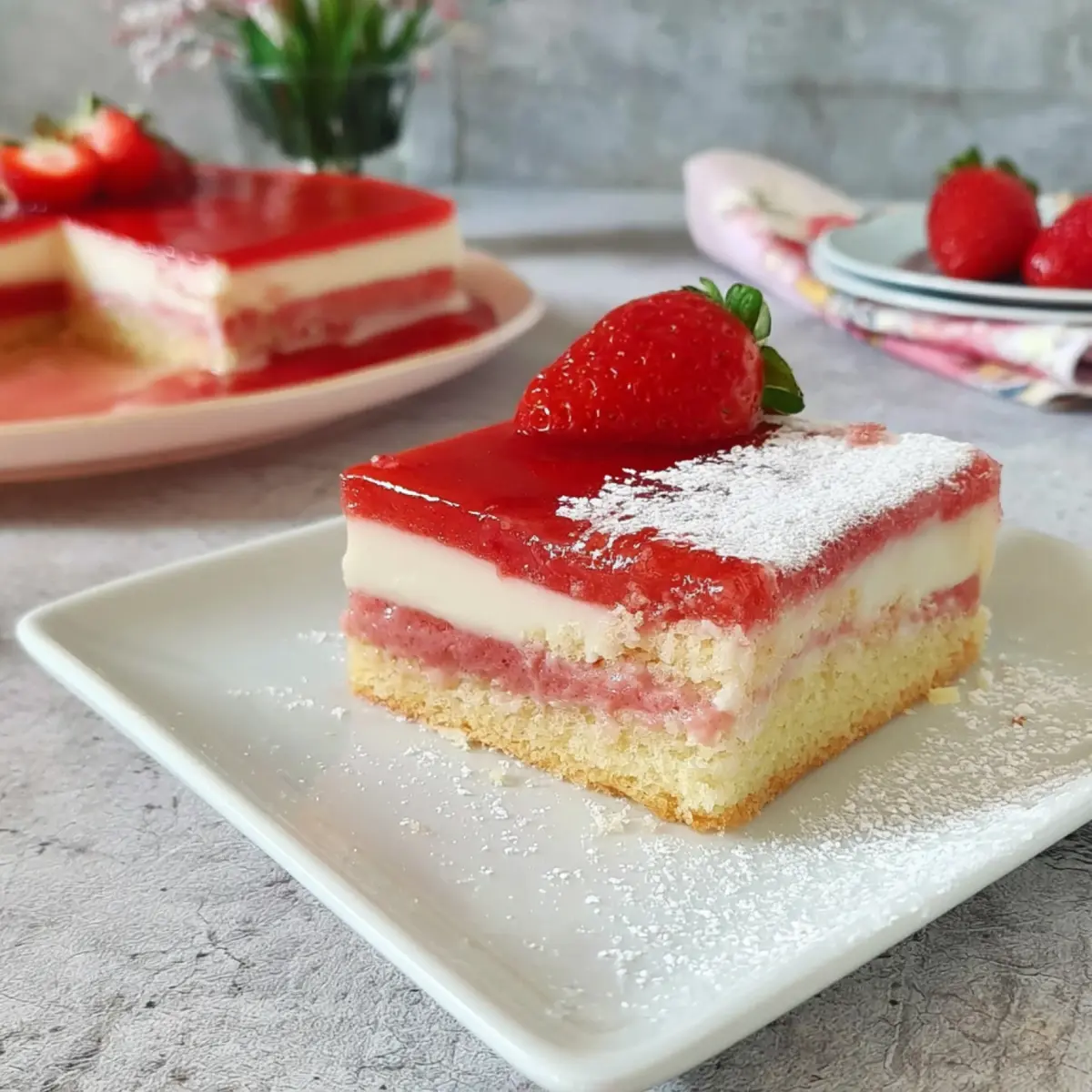 Erdbeerkuchen mit Pudding und Erdbeerspiegel vom Blech