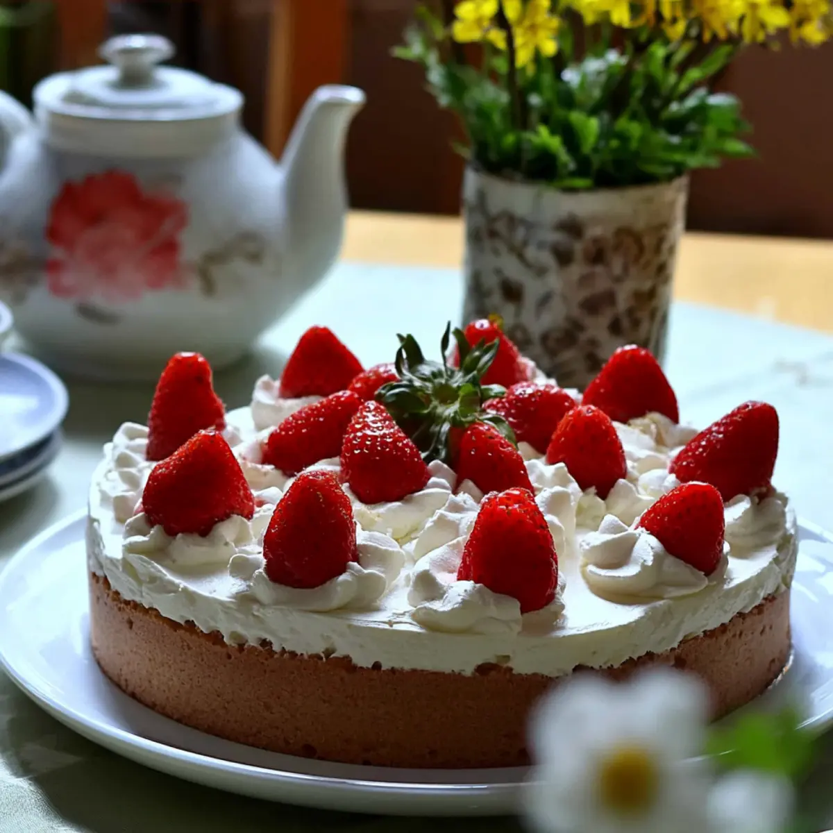 Erdbeertorte mit Biskuitboden und Sahne