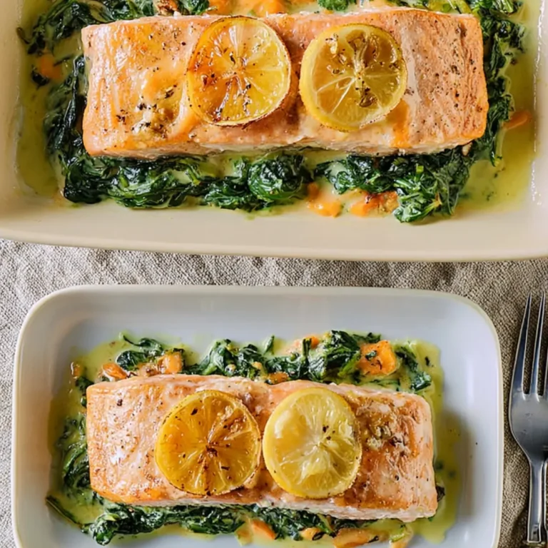 Ofenlachs mit Spinat und Zitrone und cremiger Soße