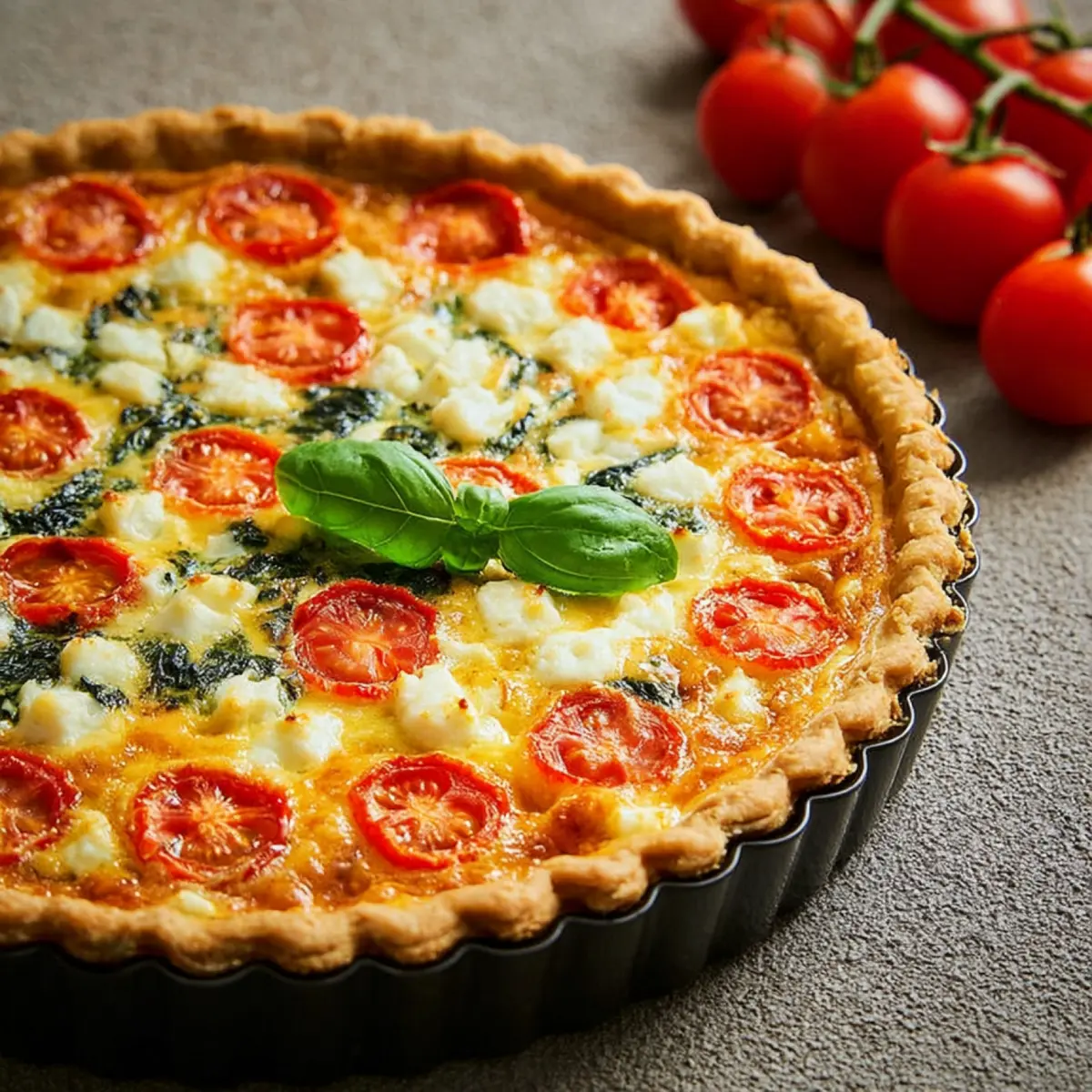 Quiche mit Tomaten, Feta, Basilikum und Spinat