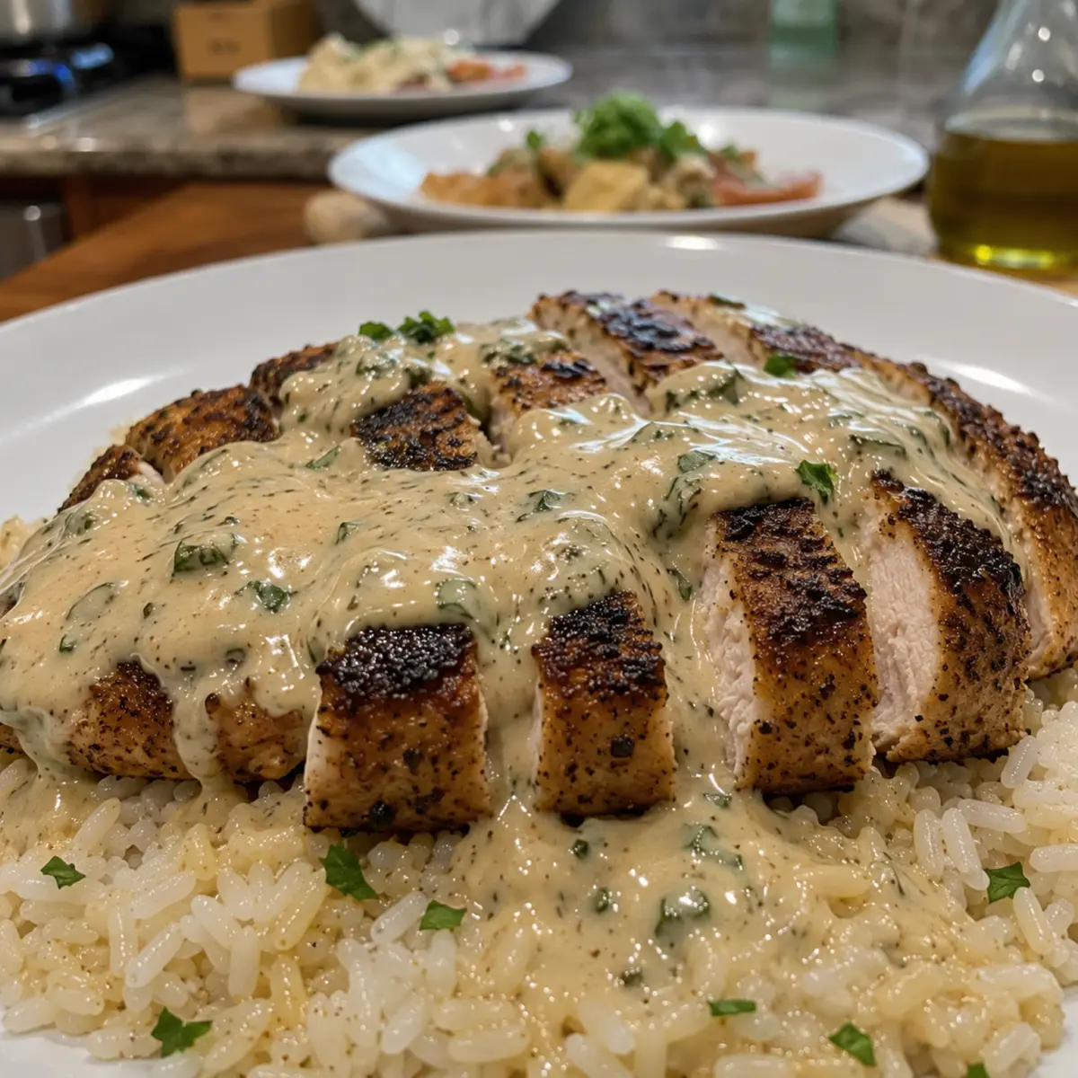 Smothered Chicken & Rice with Garlic Cream