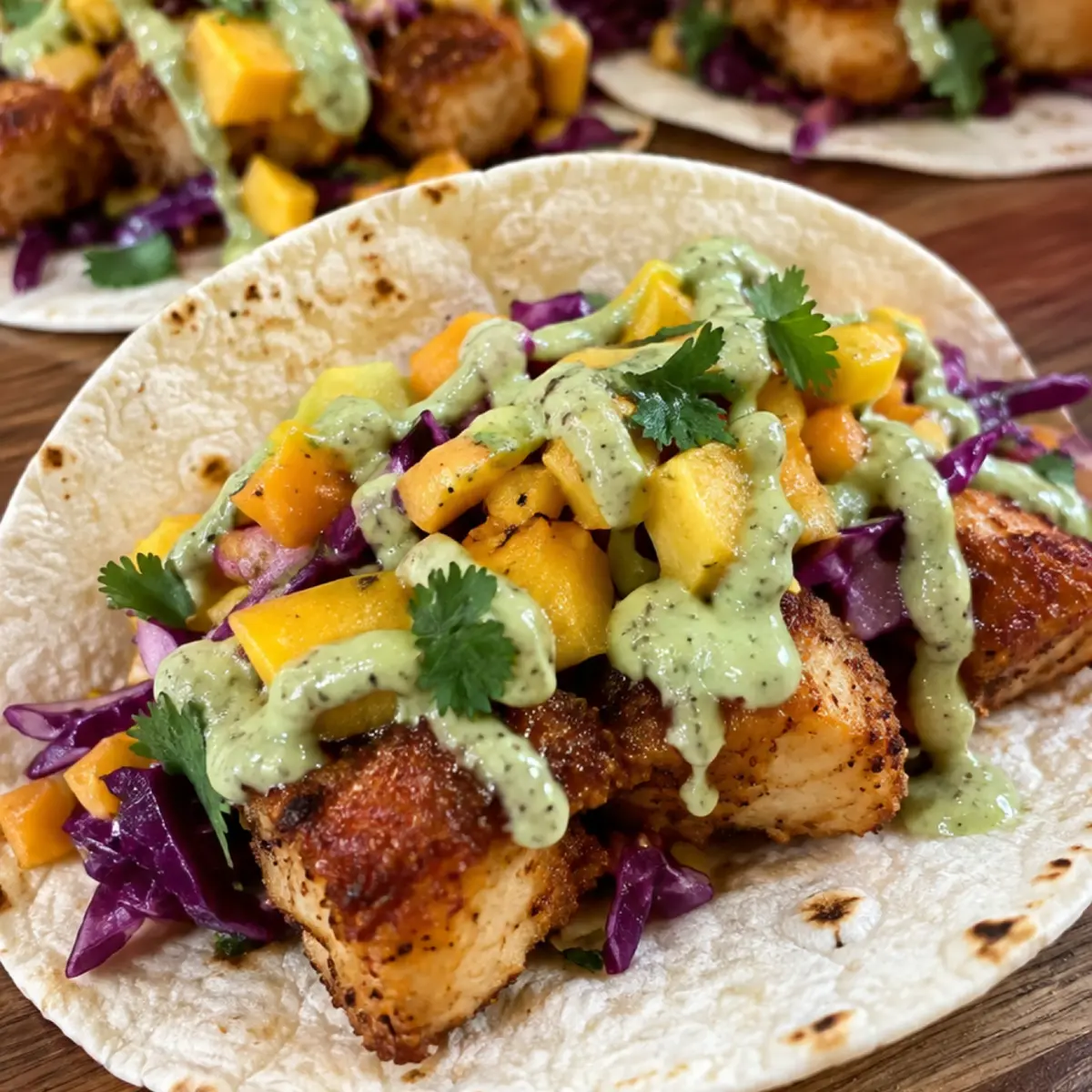 Baja Fish Tacos with Mango Slaw and Avocado Crema