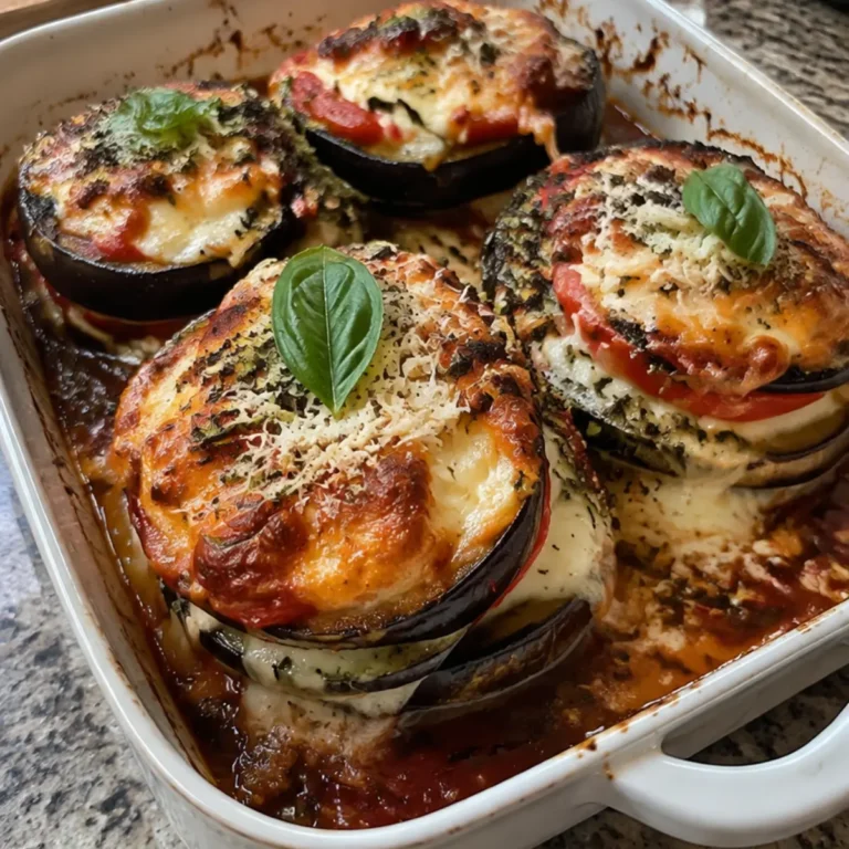 Cheesy Pesto Eggplant Caprese Stacks