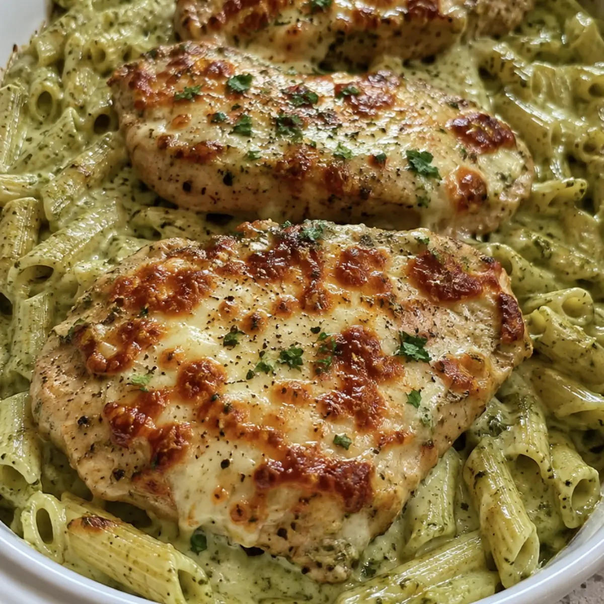 Creamy Pesto Mozzarella Chicken with Parmesan Pasta