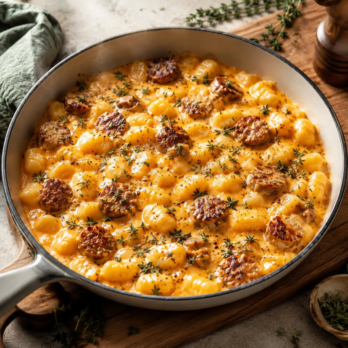 Cremige Butternusskürbis-Gnocchi mit Wurst, Thymian und Salbei