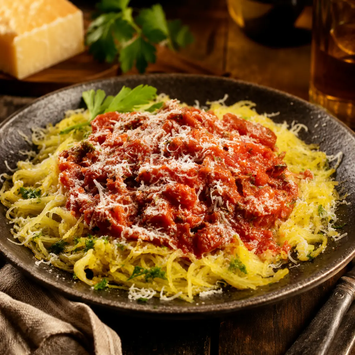 Kalorienarmer Spaghetti-Kürbis mit Tomatensauce