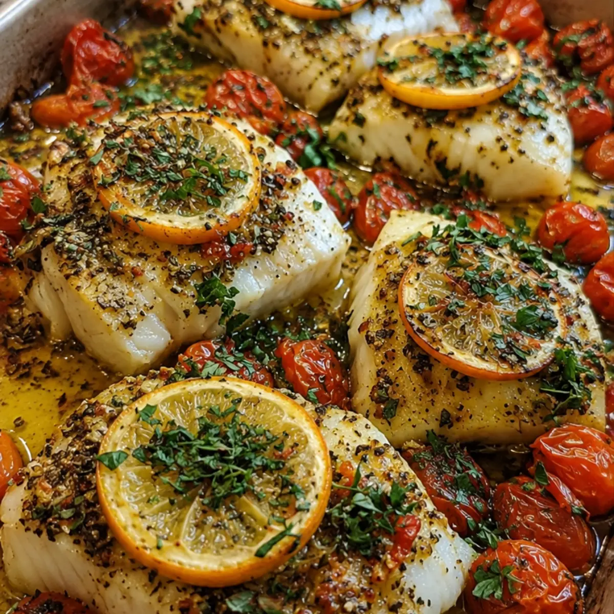 Lemon Garlic Herb Baked Cod with Roasted Tomatoes