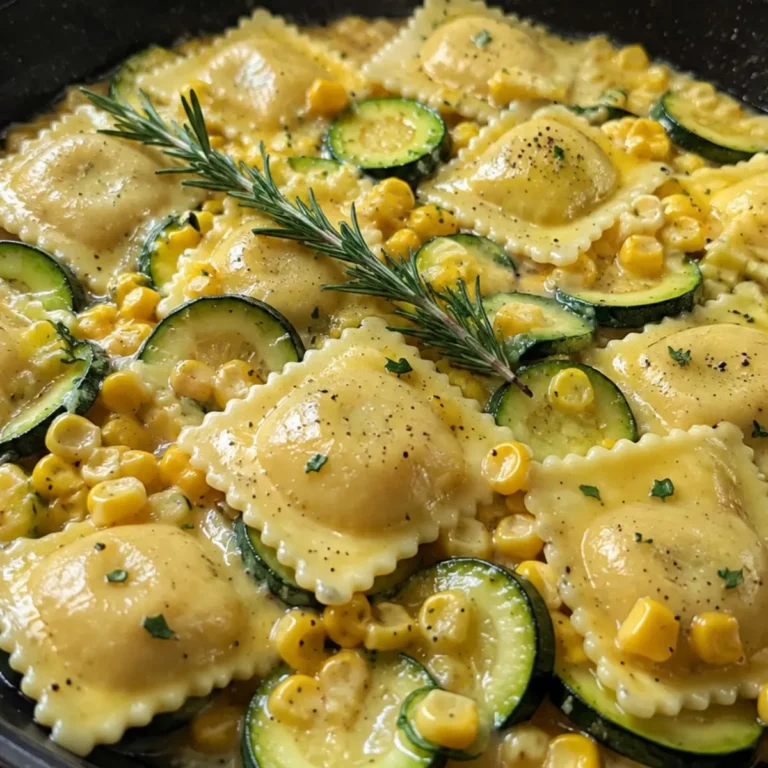 Ravioli with Corn and Zucchini in Garlic Butter Sauce