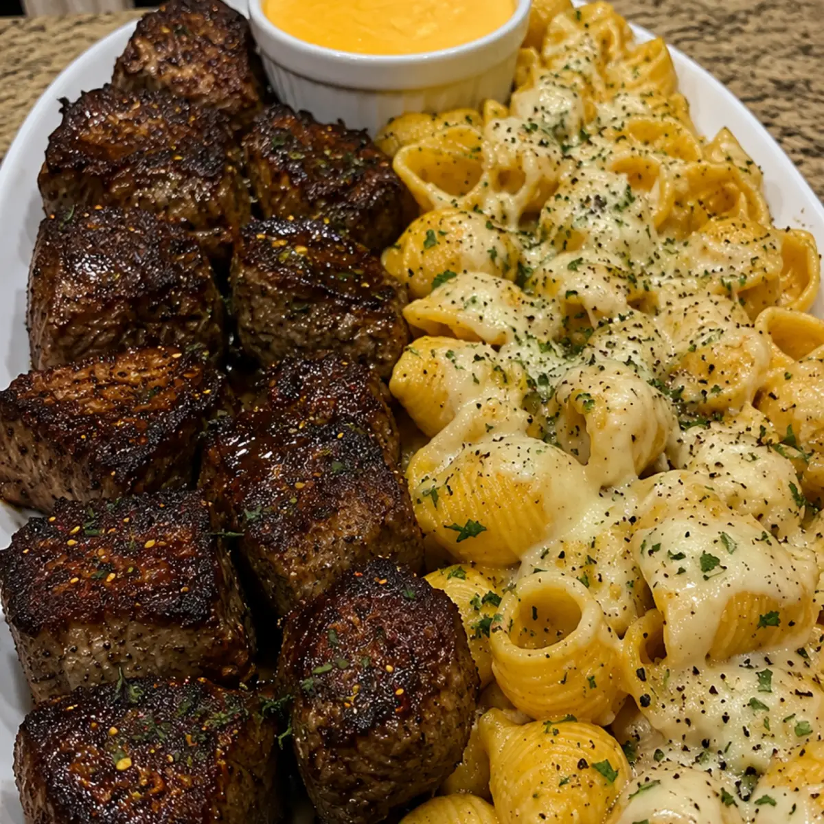 Steak and Pasta Platter with Cheese Sauce