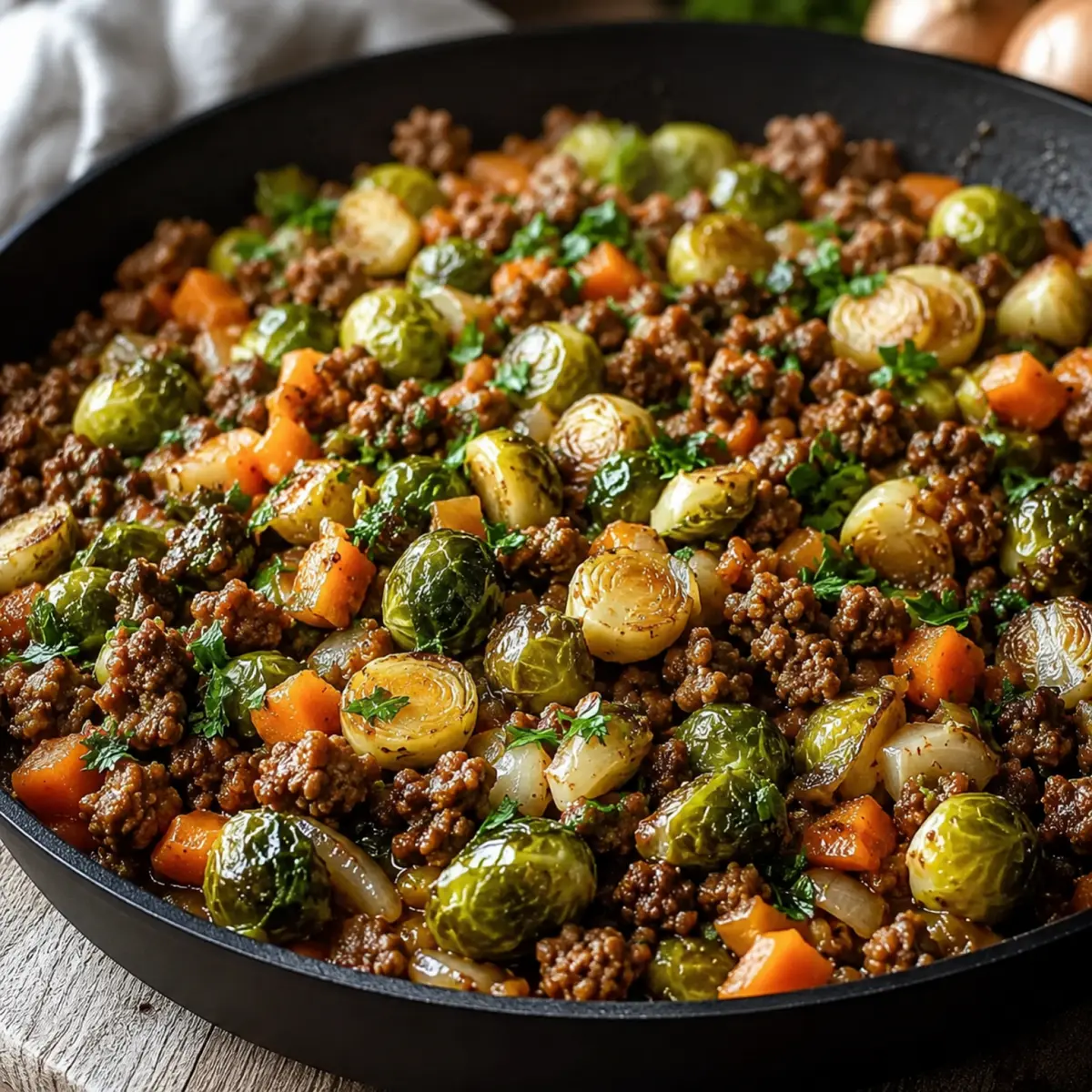 Würzige Rosenkohl-Hackfleisch-Pfanne