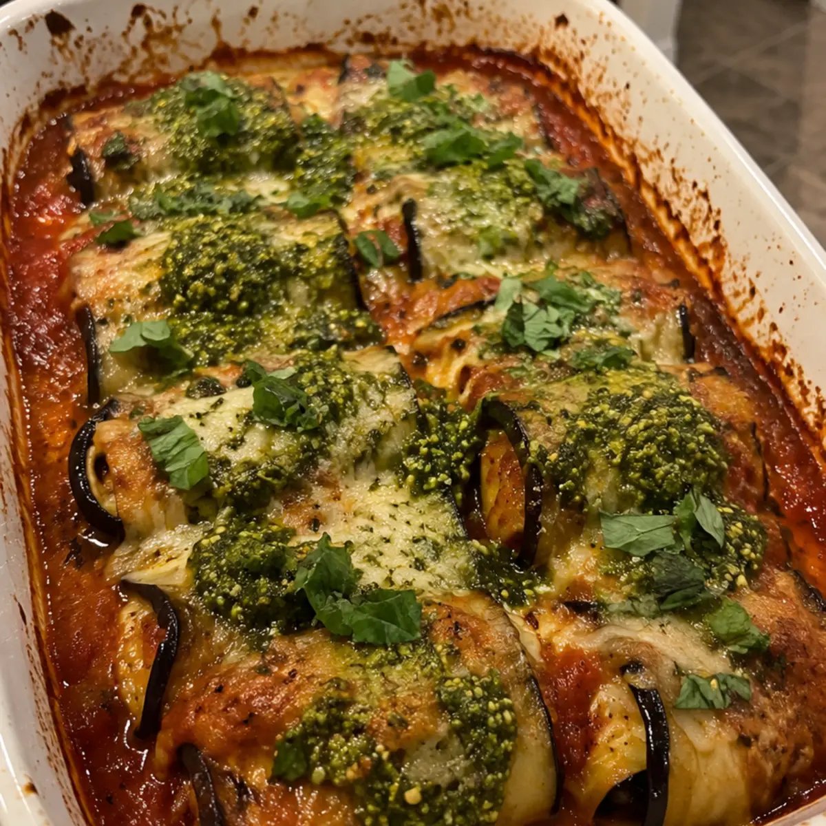 Cheesy Pesto Eggplant Rollatini Bake