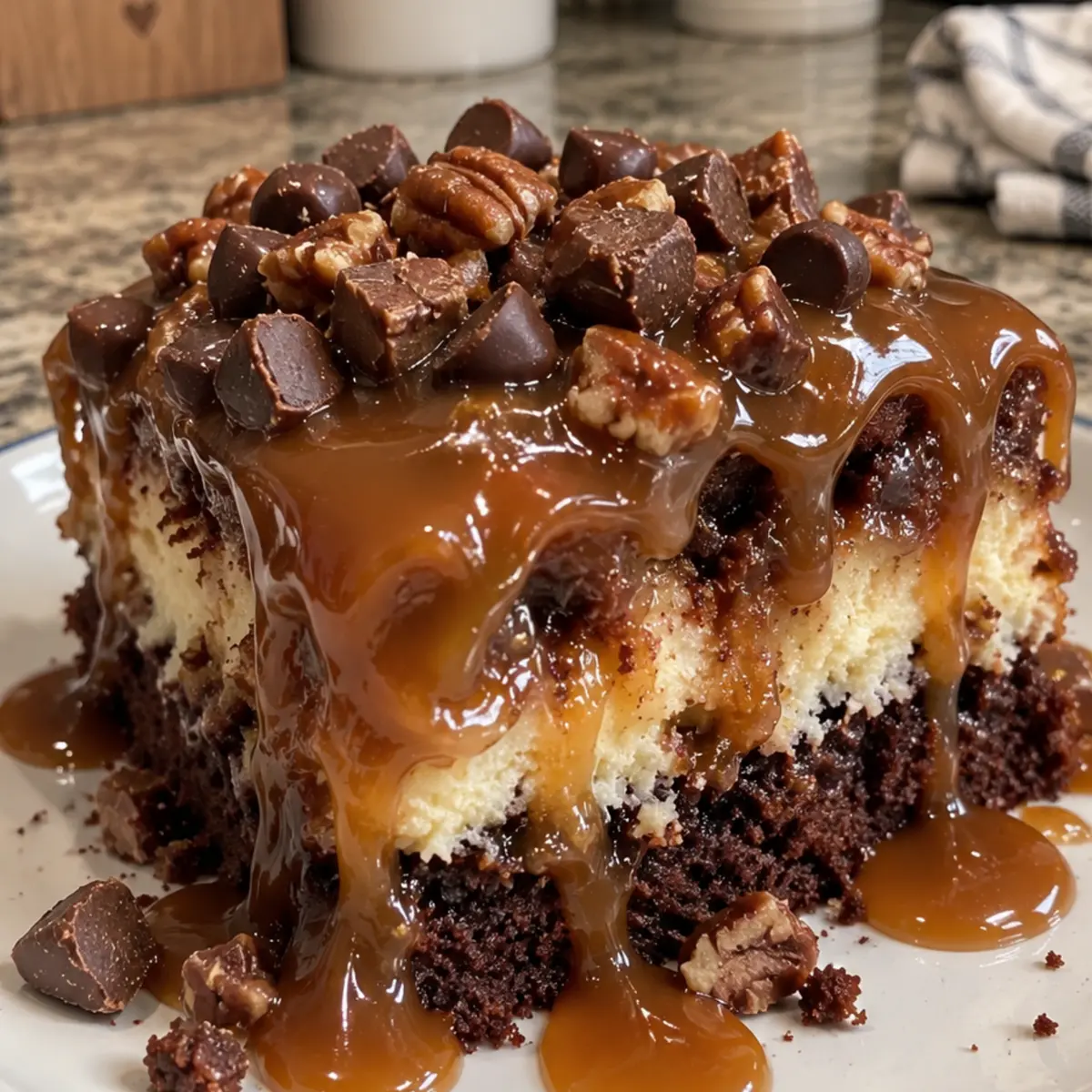 Gooey Caramel Turtle Poke Cake