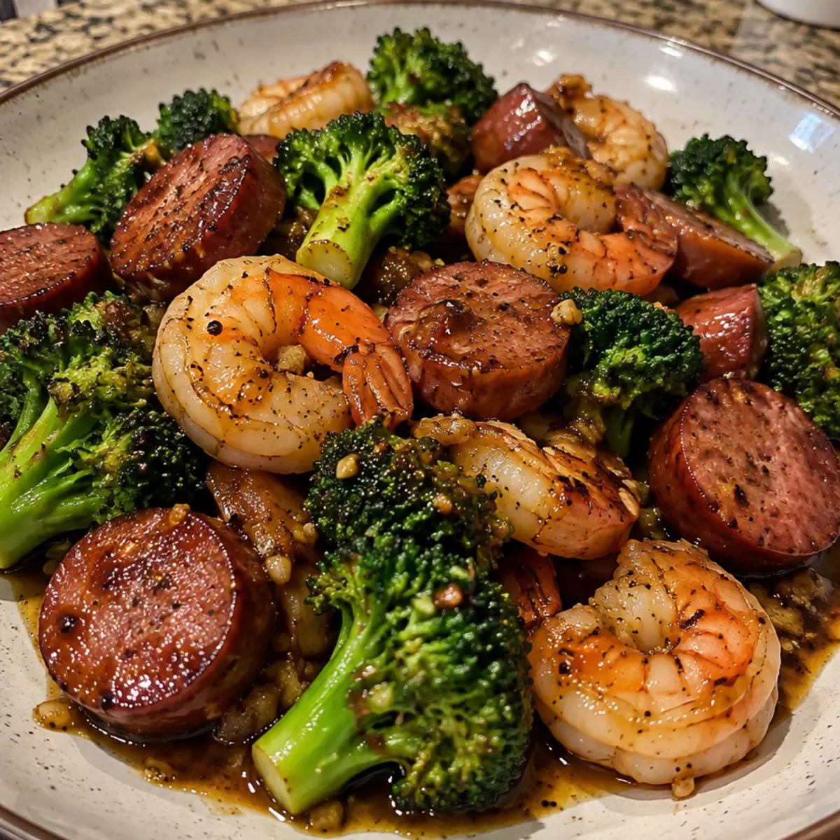Honey garlic shrimp, sausage & broccoli