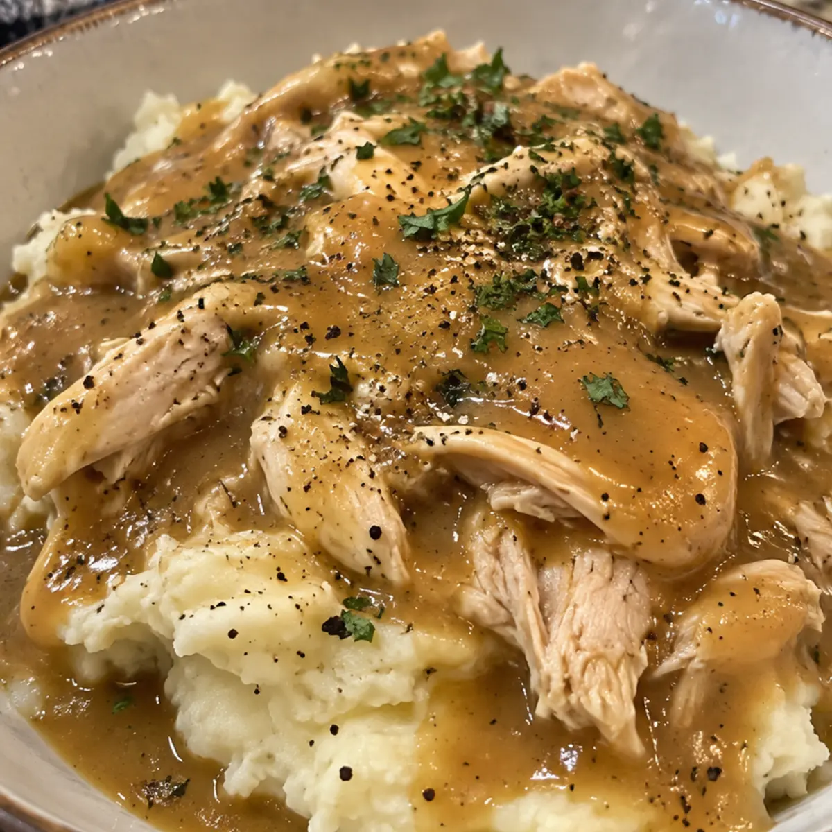 Shredded Chicken Gravy On Mashed Potatoes