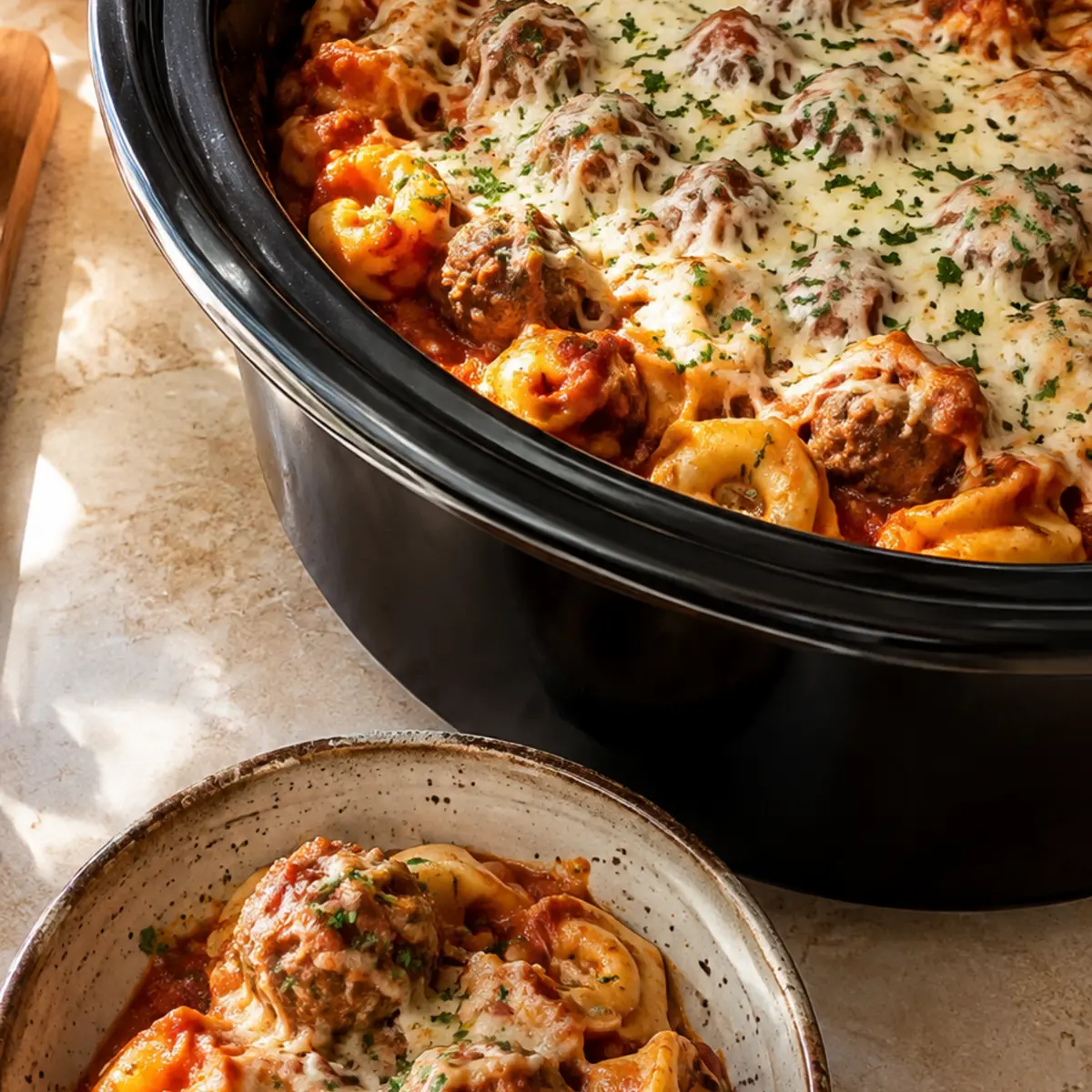 Slow Cooker Tortellini Meatball Casserole